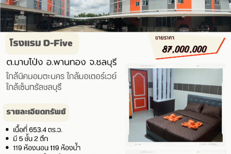 ขายโรงแรมขายอพาร์ตเม้นท์ โรงแรม  จอดรถได้50คัน ใกล้นิคมอมตะนคร ใกล้มอเตอร์เวย์  ถนนสุขุมวิท-ศุขประยูร พานทอง เมืองชลบุรี